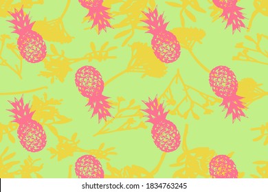 Abstract Hand Drawing Pineapple Repeating Vector Pattern with Branches and Leaves Background