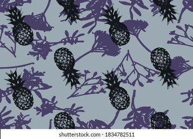 Abstract Hand Drawing Pineapple Repeating Vector Pattern with Branches and Leaves Background