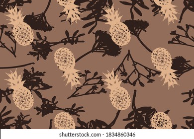 Abstract Hand Drawing Pineapple Repeating Vector Pattern with Branches and Leaves Background