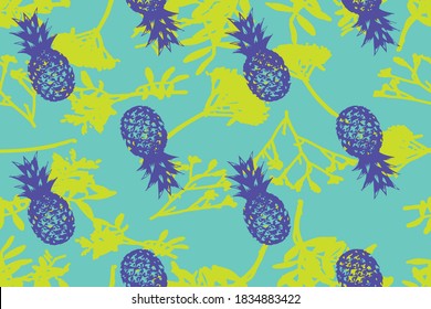 Abstract Hand Drawing Pineapple Repeating Vector Pattern with Branches and Leaves Background