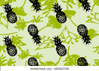 Abstract Hand Drawing Pineapple Repeating Vector Pattern with Branches and Leaves Background