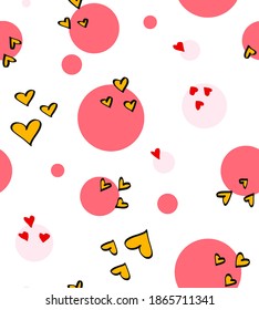Abstract Hand Drawing Polka Dots and Hearts Repeating Vector Pattern Isolated Background