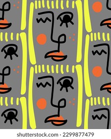 Abstract Hand Drawing Pop Art Retro Woman Girl Faces Seamless Vector Pattern Isolated Background