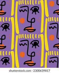 Abstract Hand Drawing Pop Art Retro Woman Girl Faces Seamless Vector Pattern Isolated Background