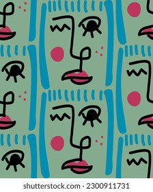 Abstract Hand Drawing Pop Art Retro Woman Girl Faces Seamless Vector Pattern Isolated Background