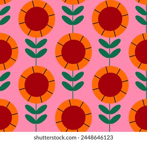 Abstract Hand Drawing Pop Art Tile Geometric Daisy Sunflowers and Leaves Seamless Vector Pattern Isolated Background