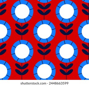 Abstract Hand Drawing Pop Art Tile Geometric Daisy Sunflowers and Leaves Seamless Vector Pattern Isolated Background