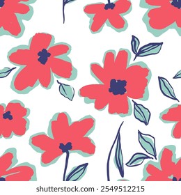 Abstract Hand Drawing Poppy Flowers and Leaves Seamless Vector Textile Pattern Isolated Background