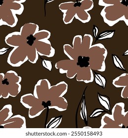 Abstract Hand Drawing Poppy Flowers and Leaves Seamless Vector Textile Pattern Isolated Background