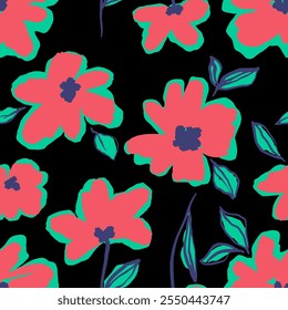 Abstract Hand Drawing Poppy Flowers and Leaves Seamless Vector Textile Pattern Isolated Background