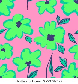 Abstract Hand Drawing Poppy Flowers and Leaves Seamless Vector Textile Pattern Isolated Background