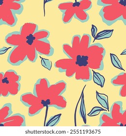 Abstract Hand Drawing Poppy Flowers and Leaves Seamless Vector Textile Pattern Isolated Background