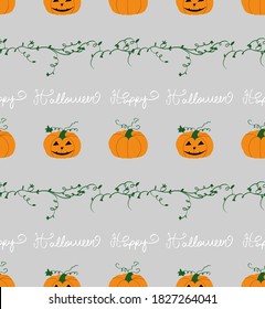 Abstract Hand Drawing Pumpkins Leaves and Happy Halloween Text Writing Seamless Vector Pattern Isolated Background