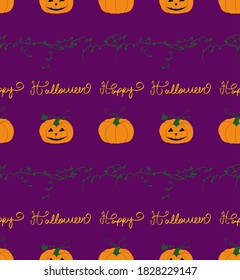 Abstract Hand Drawing Pumpkins Leaves and Happy Halloween Text Writing Seamless Vector Pattern Isolated Background