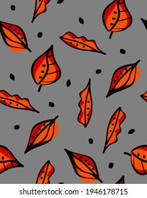 Abstract Hand Drawing Random Leaves and Dots Seamless Vector Pattern Isolated Background