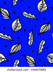 Abstract Hand Drawing Random Leaves and Dots Seamless Vector Pattern Isolated Background