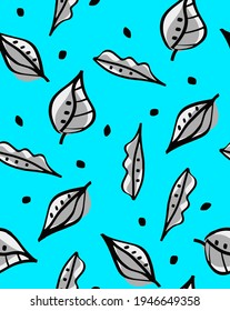 Abstract Hand Drawing Random Leaves and Dots Seamless Vector Pattern Isolated Background