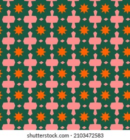 Abstract Hand Drawing Retro 70s Geometric Tile Ceramic Star Shapes Seamless Vector Pattern Isolated Background