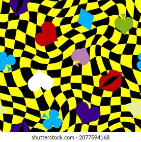 Abstract Hand Drawing Retro Checkered Optical Background with Gamble Icons and Lips Seamless Vector Pattern