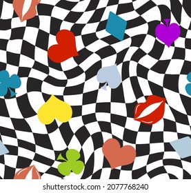 Abstract Hand Drawing Retro Checkered Optical Background with Gamble Icons and Lips Seamless Vector Pattern