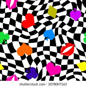 Abstract Hand Drawing Retro Checkered Optical Background With Gamble Icons And Lips Seamless Vector Pattern