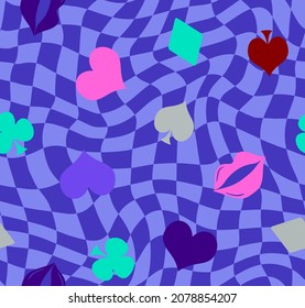 Abstract Hand Drawing Retro Checkered Optical Background with Gamble Icons and Lips Seamless Vector Pattern