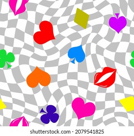 Abstract Hand Drawing Retro Checkered Optical Background with Gamble Icons and Lips Seamless Vector Pattern