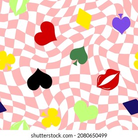 Abstract Hand Drawing Retro Checkered Optical Background with Gamble Icons and Lips Seamless Vector Pattern