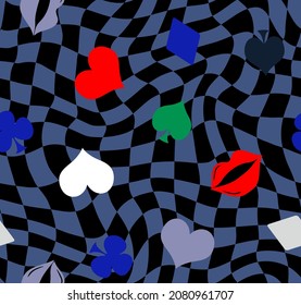 Abstract Hand Drawing Retro Checkered Optical Background with Gamble Icons and Lips Seamless Vector Pattern