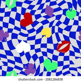 Abstract Hand Drawing Retro Checkered Optical Background with Gamble Icons and Lips Seamless Vector Pattern