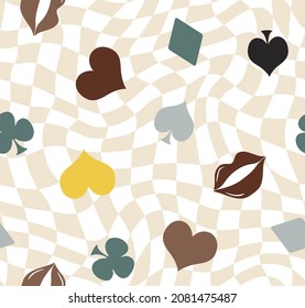 Abstract Hand Drawing Retro Checkered Optical Background with Gamble Icons and Lips Seamless Vector Pattern