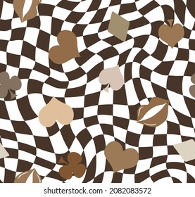 Abstract Hand Drawing Retro Checkered Optical Background with Gamble Icons and Lips Seamless Vector Pattern