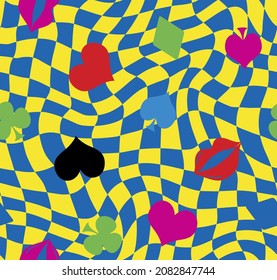 Abstraktes Handzeichnen, Retro Checkered Optical Background mit Gamble Icons und Lippen Nahtloses Vektormuster
