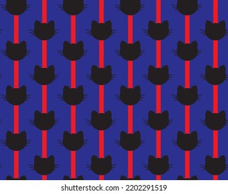 Abstract Hand Drawing Retro Cute Cat Heads with Vertical Stripes Seamless Vector Pattern Isolated Background 