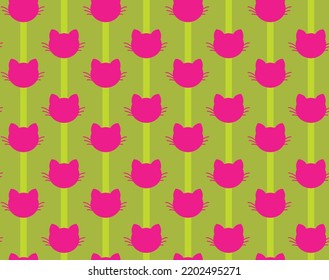 Abstract Hand Drawing Retro Cute Cat Heads with Vertical Stripes Seamless Vector Pattern Isolated Background 