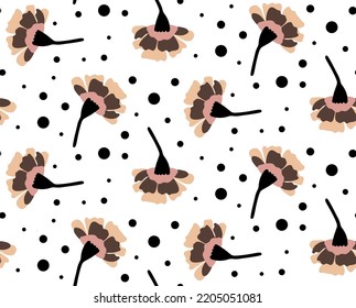 Fondo aislado de las flores de la clavija retro de dibujo a mano y puntos del patrón vectorial sin soldadura