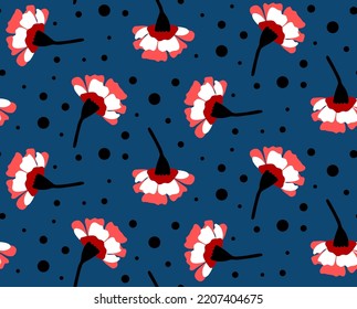 Fondo aislado de las flores de la clavija retro de dibujo a mano y puntos del patrón vectorial sin soldadura