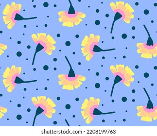 Fondo aislado de las flores de la clavija retro de dibujo a mano y puntos del patrón vectorial sin soldadura