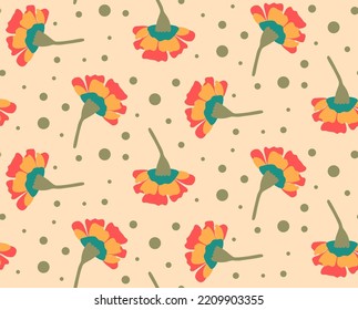 Fondo aislado de las flores de la clavija retro de dibujo a mano y puntos del patrón vectorial sin soldadura