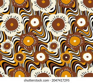 Abstract Hand Drawing Retro Doodle Flowers Seamless Vector Pattern with Diagonal Wavy Striped Colorful Optical Golden Yellow and Brown Background