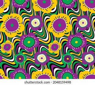 Abstract Hand Drawing Retro Doodle Flowers Seamless Vector Pattern with Diagonal Wavy Striped Colorful Optical Yellow Purple and Green Background