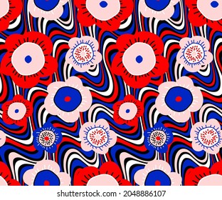 Dibujo manual abstracto Flores de Doodle retro Patrón de vectores sin soldadura con fondo óptico de color rojo rojo ondulado diagonal