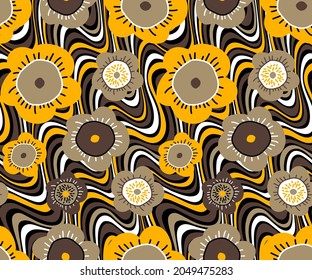 Abstract Hand Drawing Retro Doodle Flowers Seamless Vector Pattern with Diagonal Wavy Striped Colorful Optical Golden Yellow and Brown Background