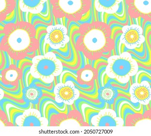 Abstract Hand Drawing Retro Doodle Flowers Seamless Vector Pattern with Diagonal Wavy Striped Colorful Optical Pastel Pink Blue Yellow and Mint Colors Background