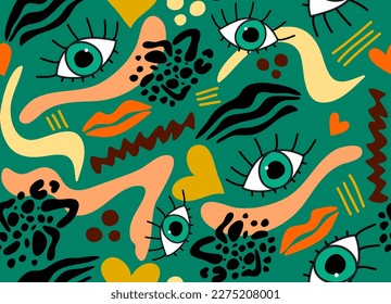 Abstract Hand Drawing Retro Eyes Lips Hearts Waves Leopard Zebra Stripes Geometric Shapes Seamless Vector Pattern Isolated Background