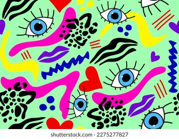 Abstract Hand Drawing Retro Eyes Lips Hearts Waves Leopard Zebra Stripes Geometric Shapes Seamless Vector Pattern Isolated Background