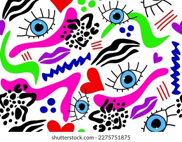 Resumen Dibujo Mano Retro Ojos Levantamientos Corazones Olas Tiras De Cebra Leopardo Formas Geométricas Patrón Vector sin Marea Fondo Aislado