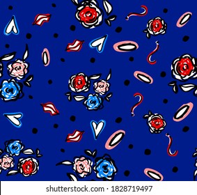 Abstract Hand Drawing Retro Flowers Leaves Lips Hearts and Dots Repeating Vector Pattern Isolated Background