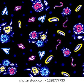 Abstraktes Handziehen Retro-Blumen Blätter Lippen Herzen und Punkte Wiederholung Vektormuster einzeln Hintergrund