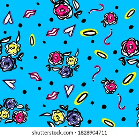 Abstract Hand Drawing Retro Flowers Leaves Lips Hearts and Dots Repeating Vector Pattern Isolated Background